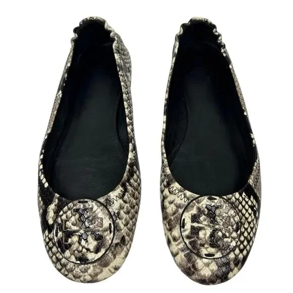 Tory Burch Minnie Travel Ballet Flats, python-embossed leather exterior. Size 9 - Picture 6 of 10